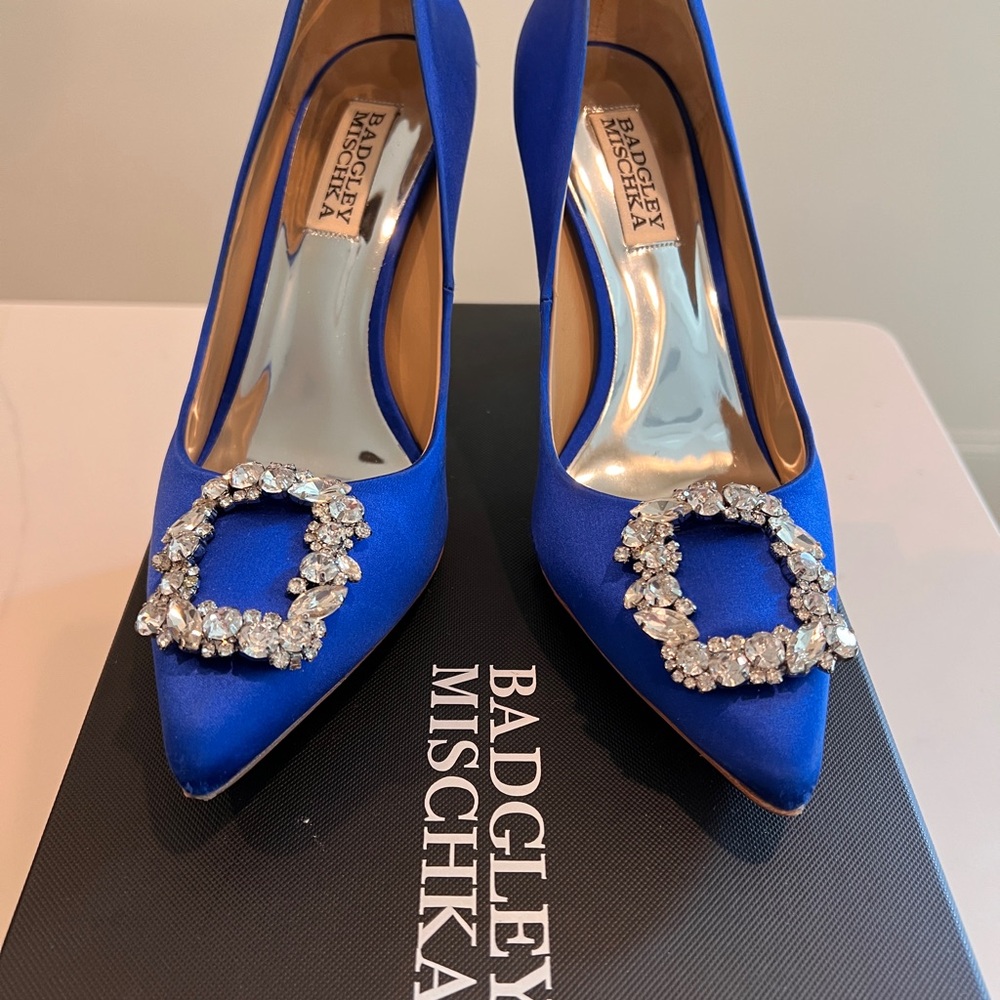 Badgley Mischka Cher Pointed Toe Blue Satin Heels with Crystal Embellishment